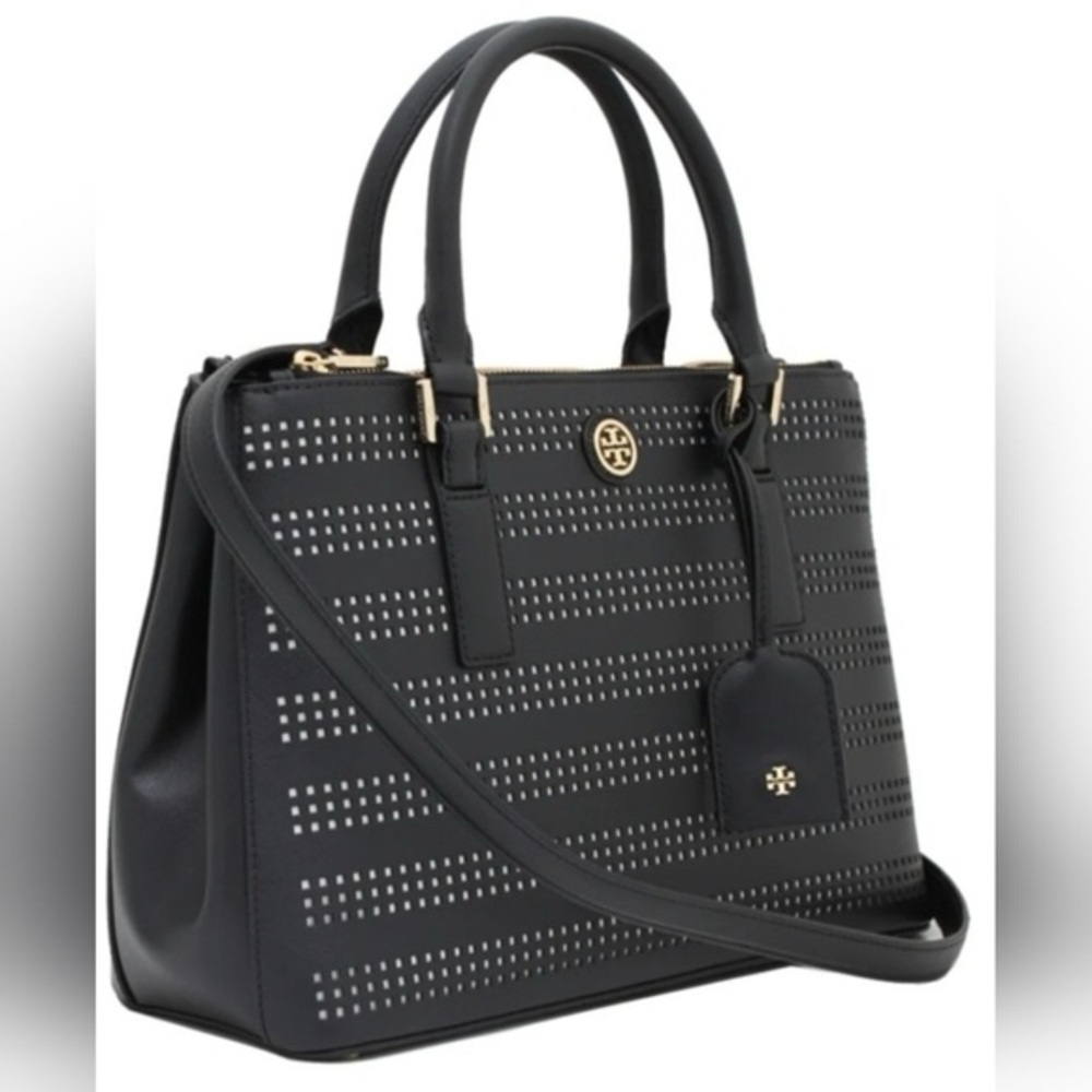 Tory Burch Robinson Perf Micro Double Zip Black Saffiano Leather Crossbody/Tote